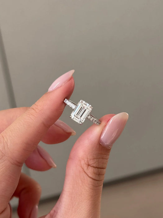 Micro Pave Emerald Cut Diamond Ring with Hidden Halo
