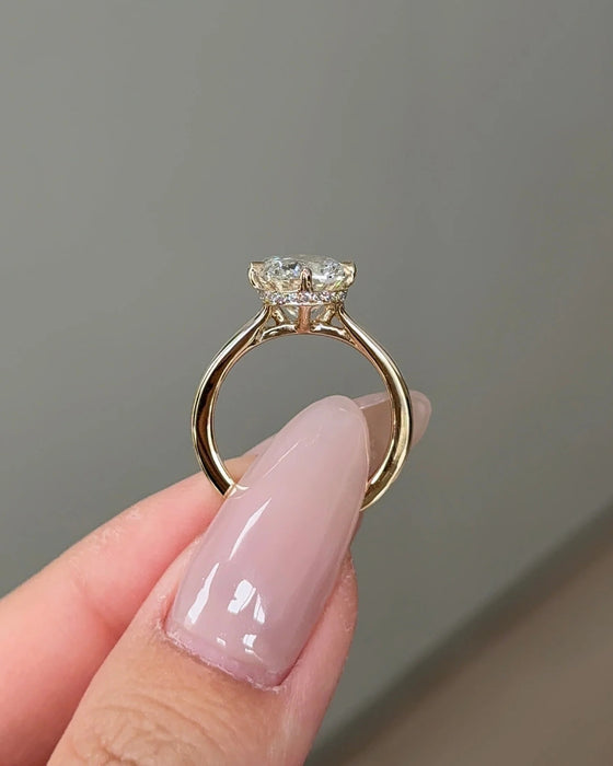 Cushion Cut Cathedral Diamond Ring with Hidden Halo