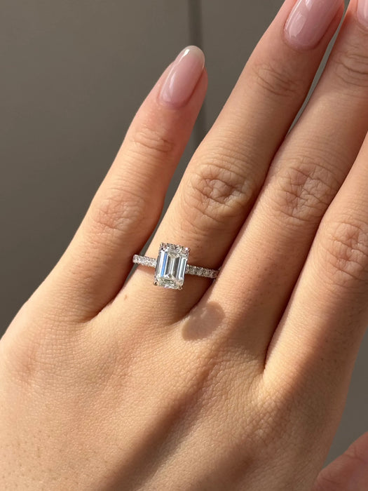 Micro Pave Emerald Cut Diamond Ring with Hidden Halo