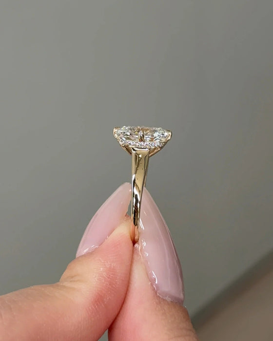 Cushion Cut Cathedral Diamond Ring with Hidden Halo