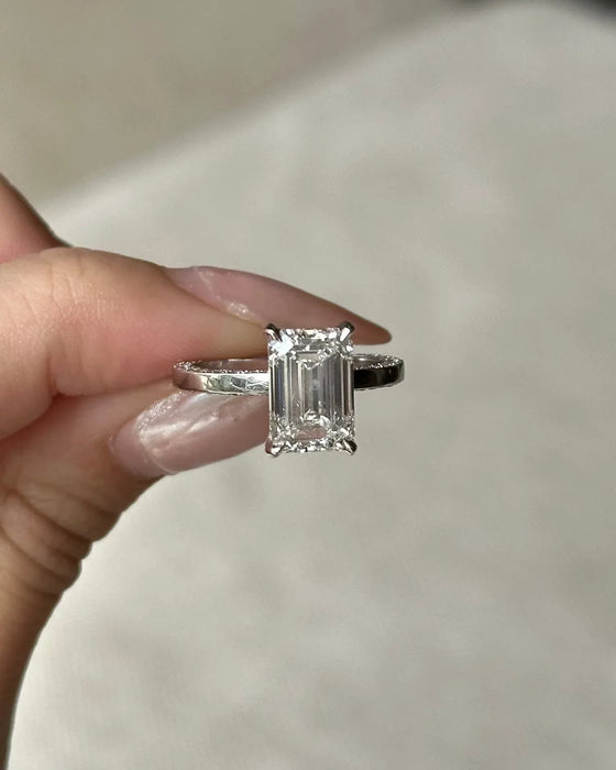 Emerald Cut with Two Sided Pave Diamond Engagement Ring