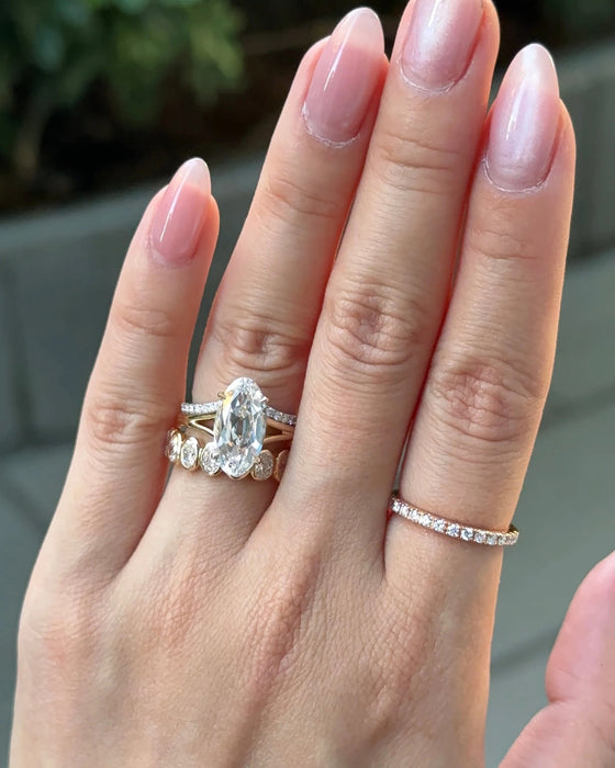 Moval Cut Split Shank Diamond Ring with Hidden Halo