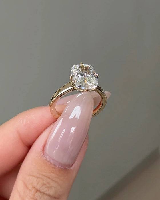 Cushion Cut Cathedral Diamond Ring with Hidden Halo