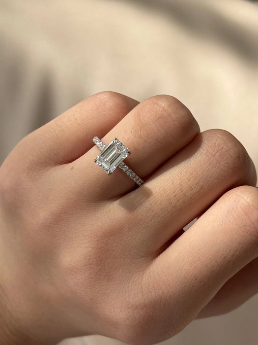 Micro Pave Emerald Cut Diamond Ring with Hidden Halo
