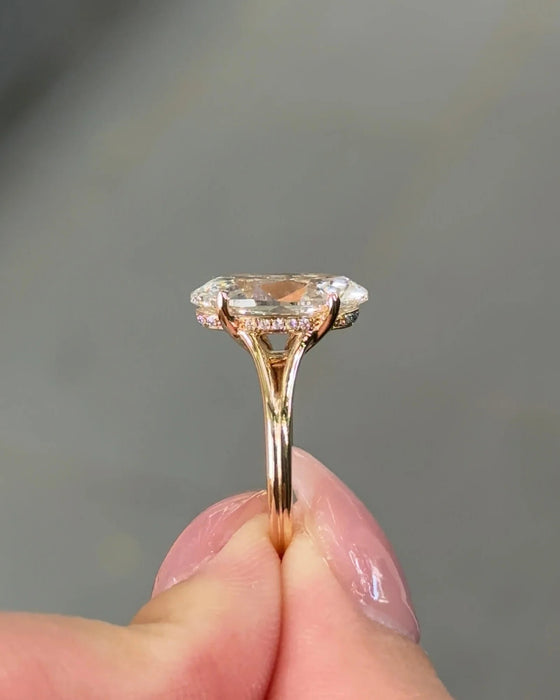 Moval Cut Split Shank Diamond Ring with Hidden Halo