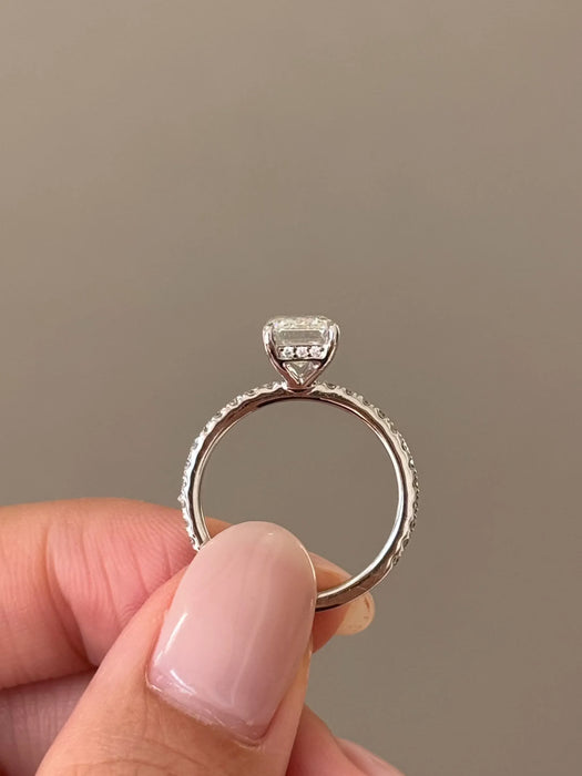 Micro Pave Emerald Cut Diamond Ring with Hidden Halo