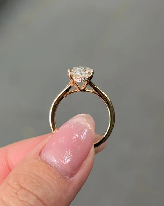 Moval Cut Split Shank Diamond Ring with Hidden Halo