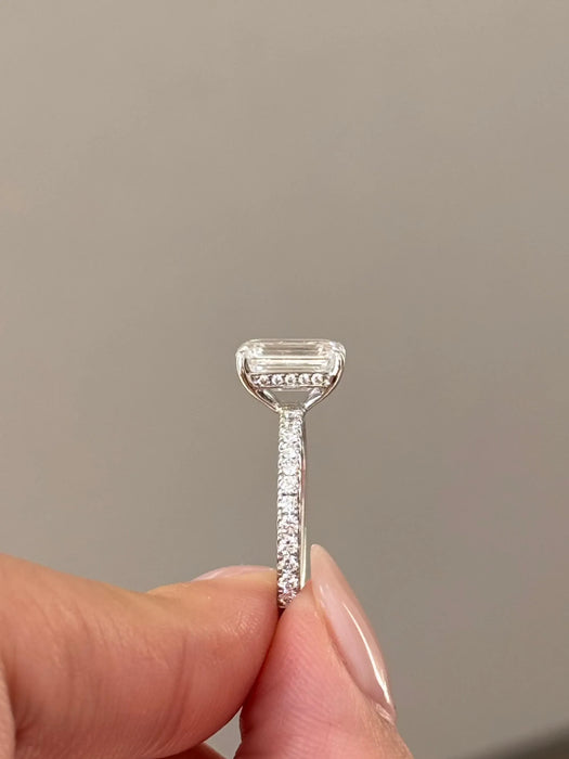 Micro Pave Emerald Cut Diamond Ring with Hidden Halo